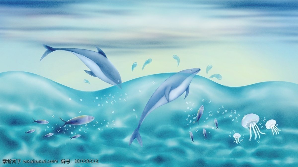 原创 清新 插画 世界 海洋 日 大海 鲸 蓝色插画 大海与鲸 世界海洋日 可爱水母 海中小鱼 海洋日插画