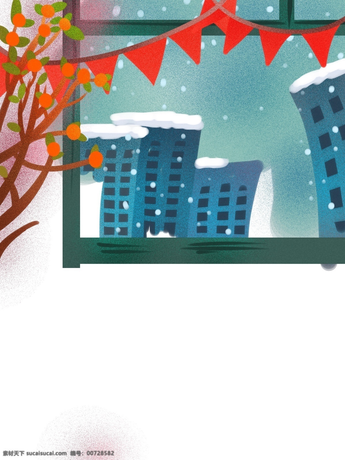 彩绘 冬季 下雪 背景 吊旗 树枝 建筑 背景图 创意 彩旗 冬季背景 手绘背景 psd背景 背景展板 特邀背景 促销背景