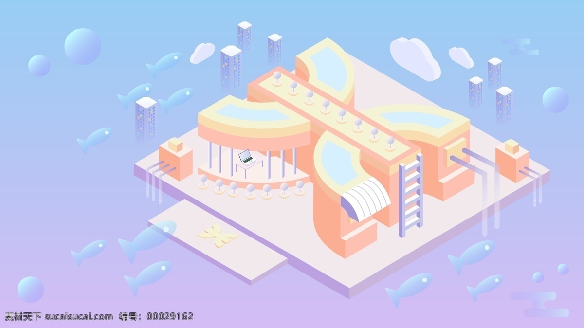 d 十二星座 双鱼座 星座 海洋 梦幻 插画 渐变 建筑 2.5d 海洋梦幻