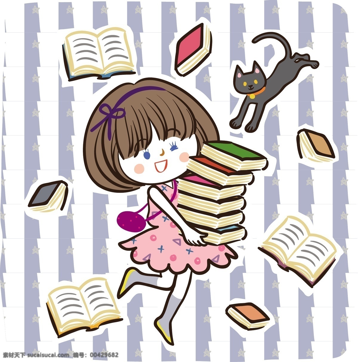 学生抱書 背景素材 插画 儿童世界 卡通 卡通人物 卡通设计 卡通娃娃 卡通玩偶 课本 猫咪 图书 课外读物 小猫 童话世界 梦想世界 矢量图 矢量人物