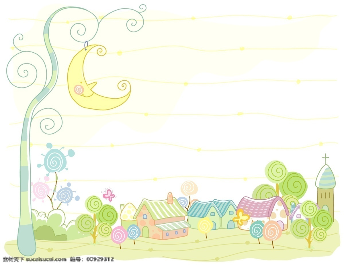 可爱 房子 月亮 路灯 　 童话 矢量图 其他矢量图