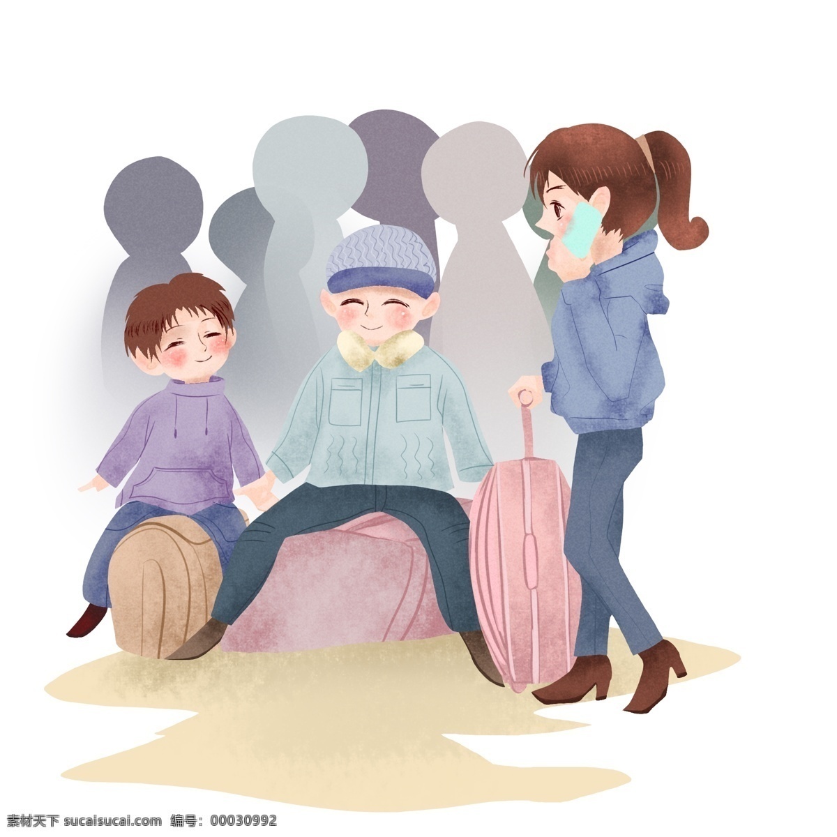手绘 春运 等车 插画 等车的一家人 开心的孩子 打电话的妈妈 卡通插画 手绘春运插画 过年春运回家