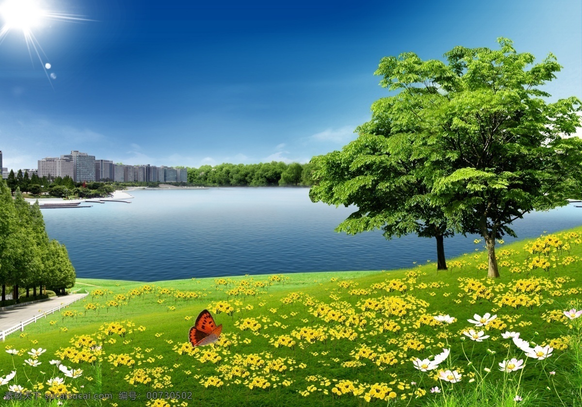 户外风景 菊花 草地 树 蝴蝶 湖泊 河流 小路 山 天空 白云 太阳 美景 折页 样本 广告 分层 源文件