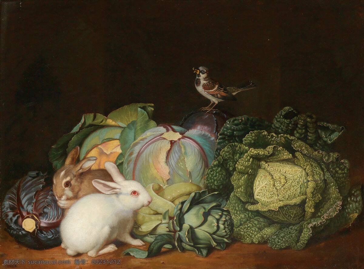 卷心菜 兔子 小鸟 云豆 垂涎 19世纪油画 油画 文化艺术 绘画书法