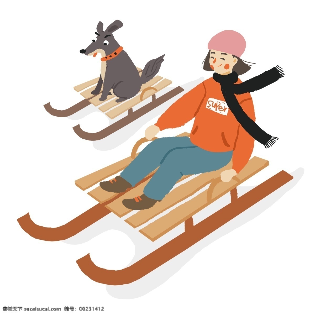 手绘 卡通 女孩 狗 做 滑 雪橇 原创 元素 运动 可爱 宠物 滑雪 滑雪橇 原创元素 设计元素