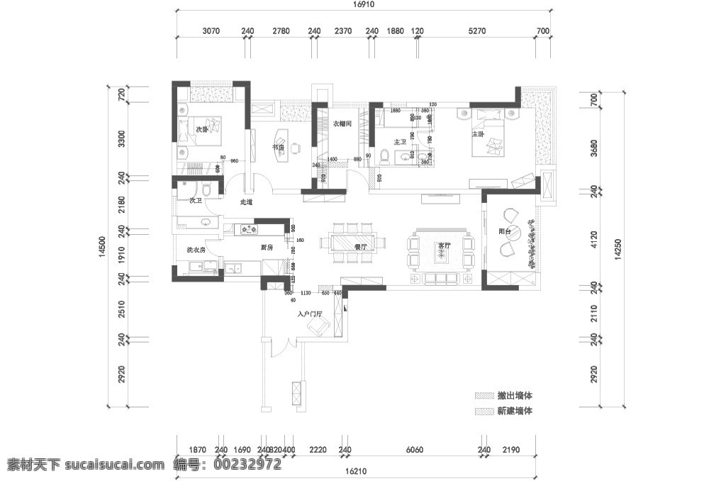 家居 三室一厅 平面图 家装 简约 家居设计 简美 平面布局 大套间 一厨两卫 动静分离 大阳台