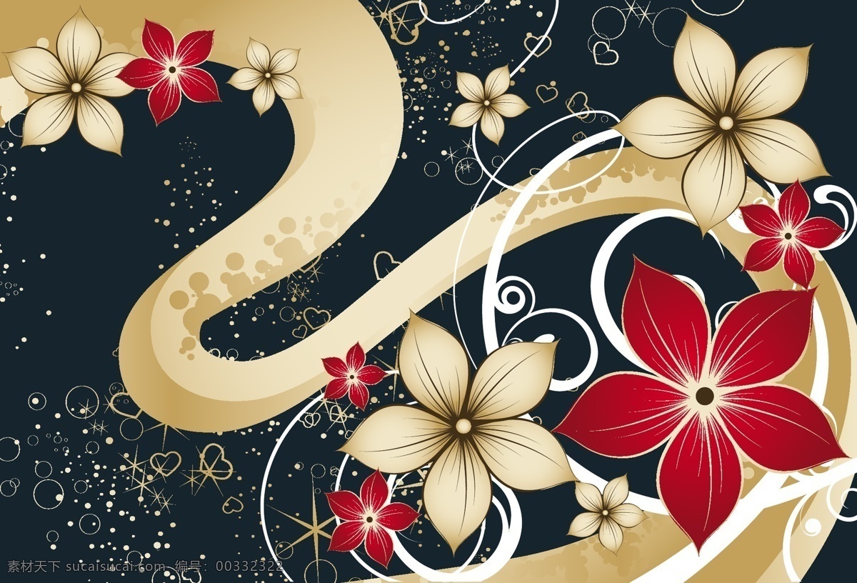 欧式 叶子 红色 花朵 花纹 心形 线条 矢量