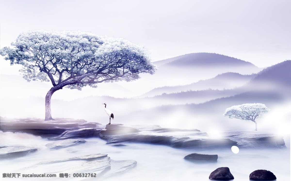 古树 飘带 石头 水面 唯美 唯美花瓣 仙鹤 仙境 远山 唯美古风 中国 风 意境 家居装饰素材 山水风景画