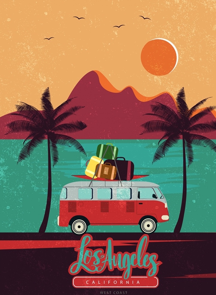 海边 度假 巴士 海报 夕阳 椰子树 行李箱 冲浪板 矢量 高清图片