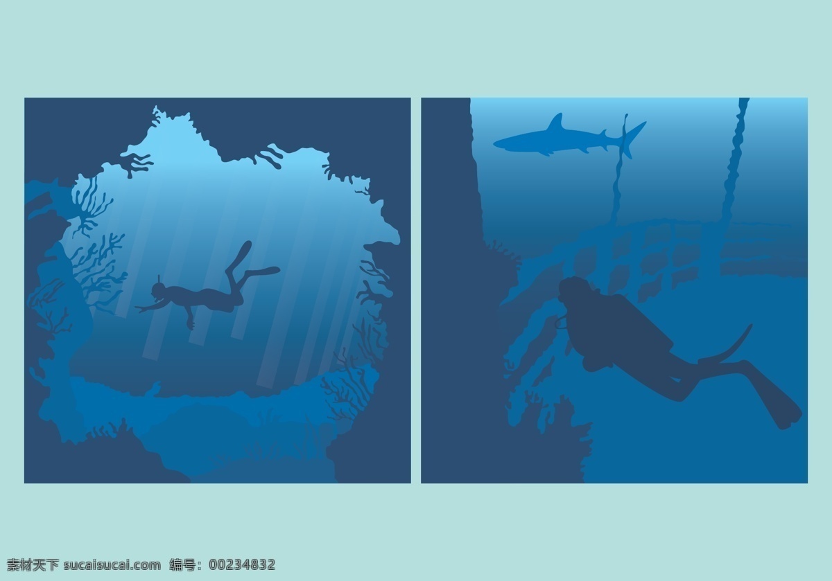 潜水运动 矢量 潜水 海洋 海底 蓝色背景 鲨鱼