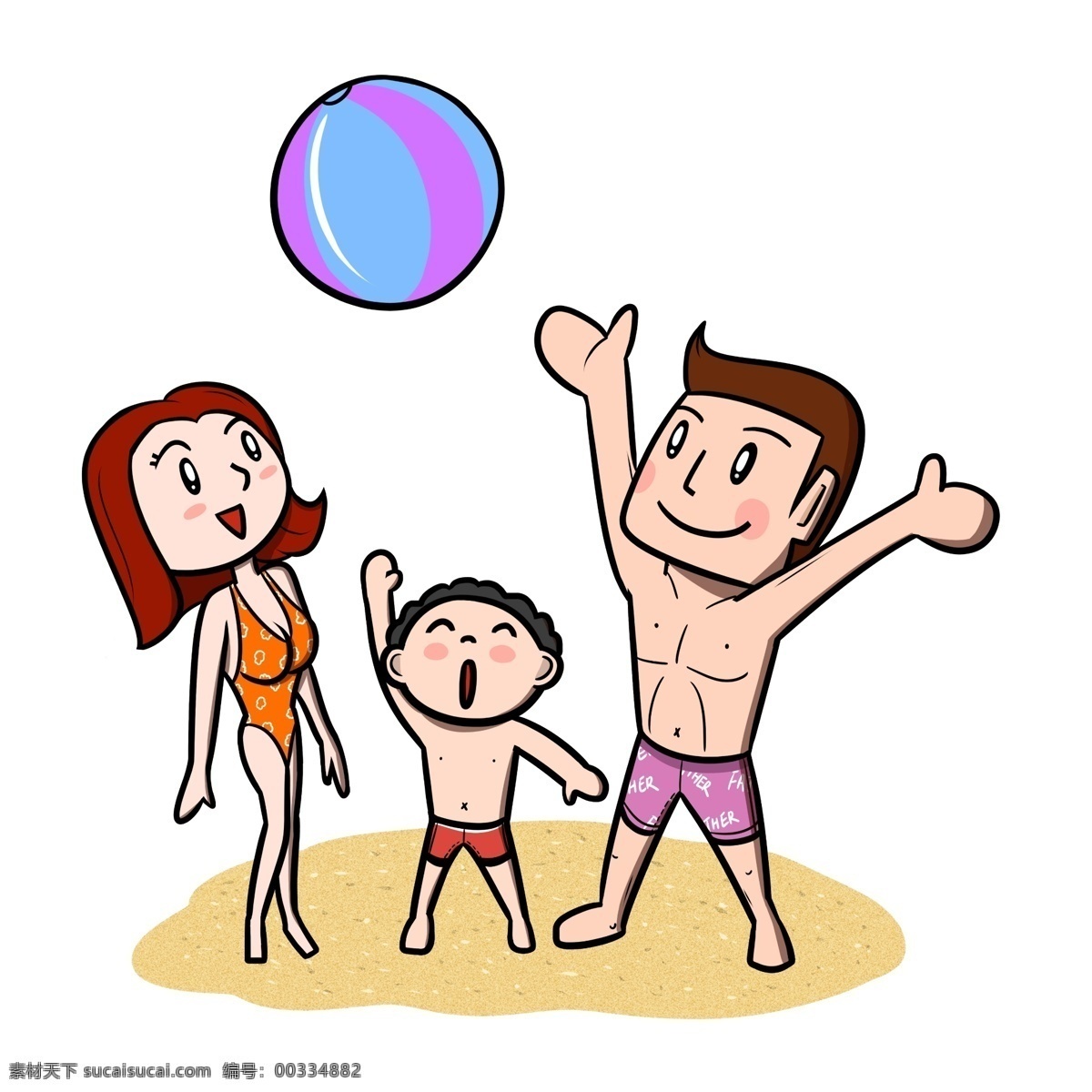 卡通 全家人 海滩 玩 沙滩 球 透明 底 夏季 夏天 卡通家人 儿童 玩耍 海边 海边人物 夏季人物 夏天人物 卡通人物 卡通夏季