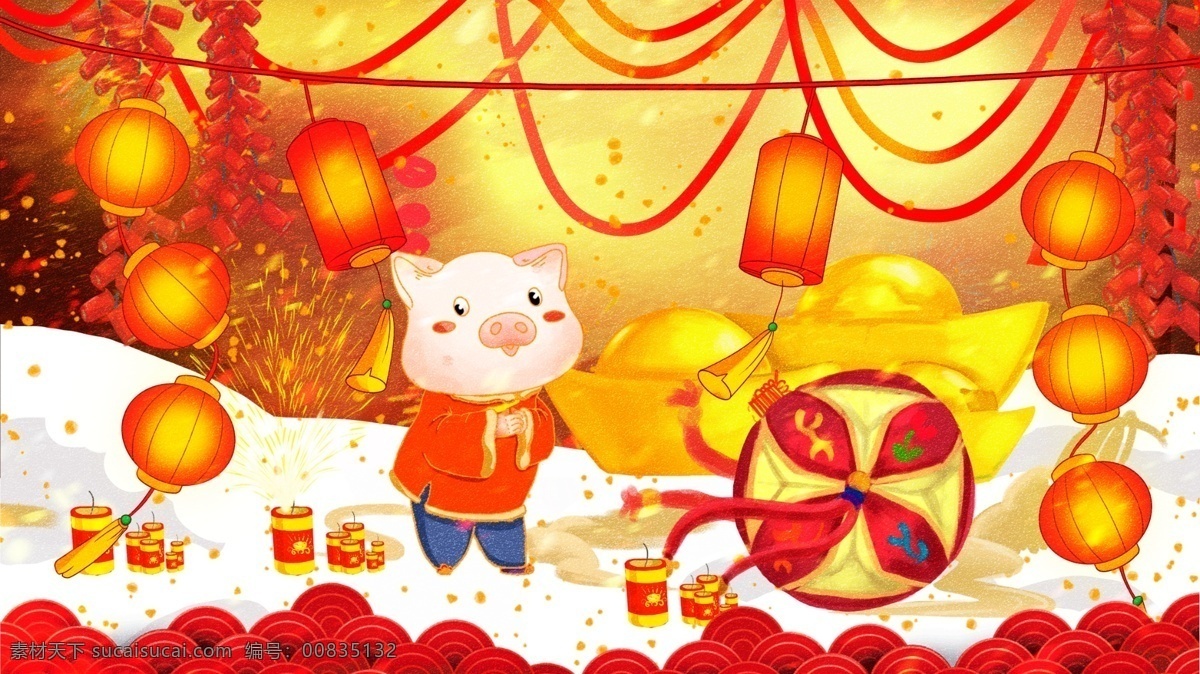 唯美 红色 中 国风 喜庆 春节 猪年 快乐 插画 壁纸 中国风 手机配图 猪年快乐 电商