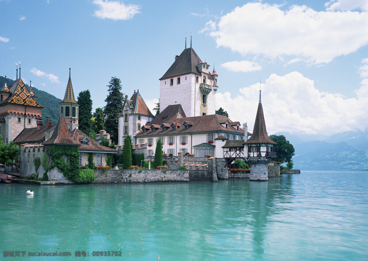 瑞士风光 风景图片 建筑 湖面 树木 蓝天 白云 瑞士 欧洲 景点 国外旅游胜地 国外旅游 旅游摄影