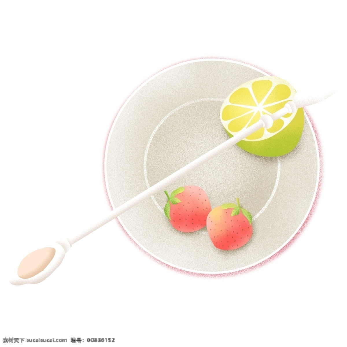 卡通 创意 盘子 美食 小清新 叉子 水果 水蜜桃 柠檬 插画