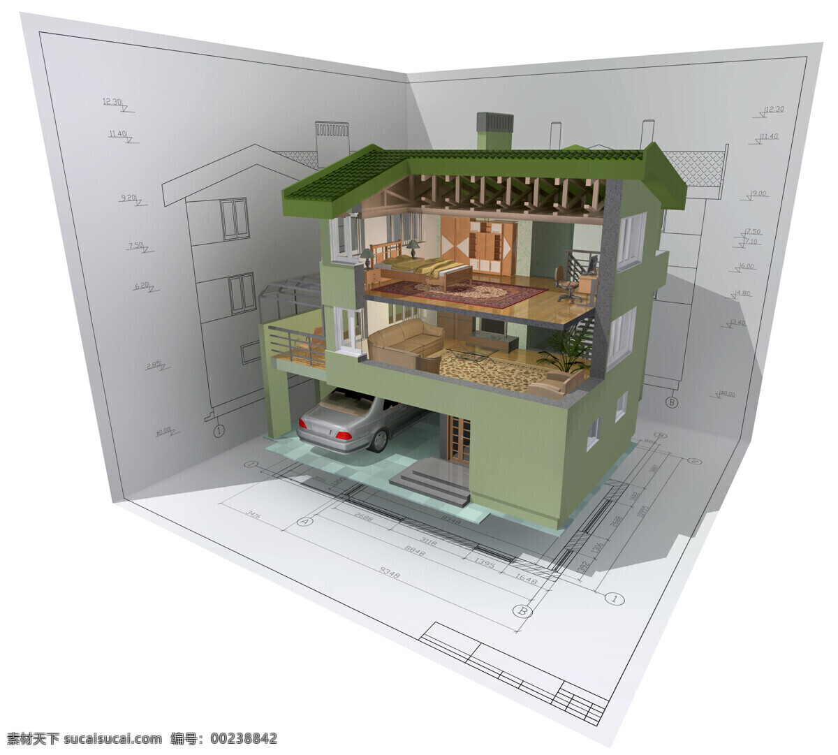 绿色别墅构型 绿色 别墅 构型 楼房 房子 建筑 模型 图纸 设计图 建筑设计 环境家居 白色