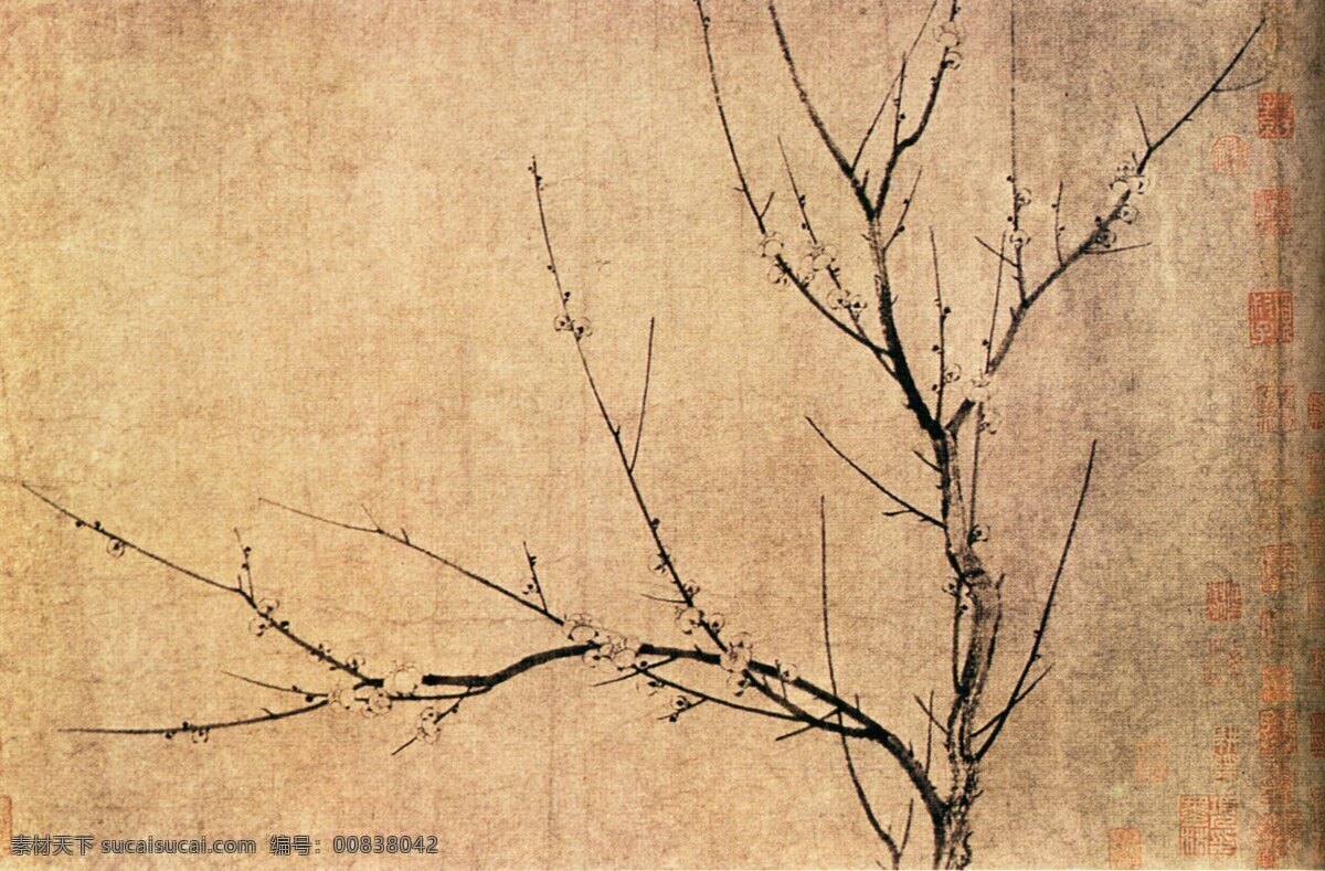 工笔 写意 绘画 初春的梅枝 黄色