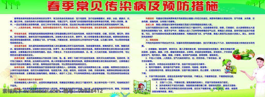 草地 房屋 健康教育 宣传栏 开窗 美女护士 树 水果蔬菜 洗手 春季 常见 传染病 预防措施 栅栏 展板模板 矢量 psd源文件