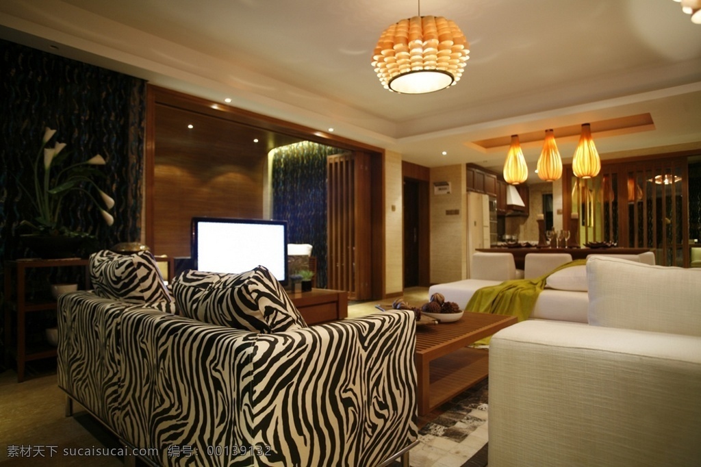 现代 时尚 客厅 条纹 沙发 室内装修 效果图 客厅装修 白色沙发 橘色吊灯 木制背景墙