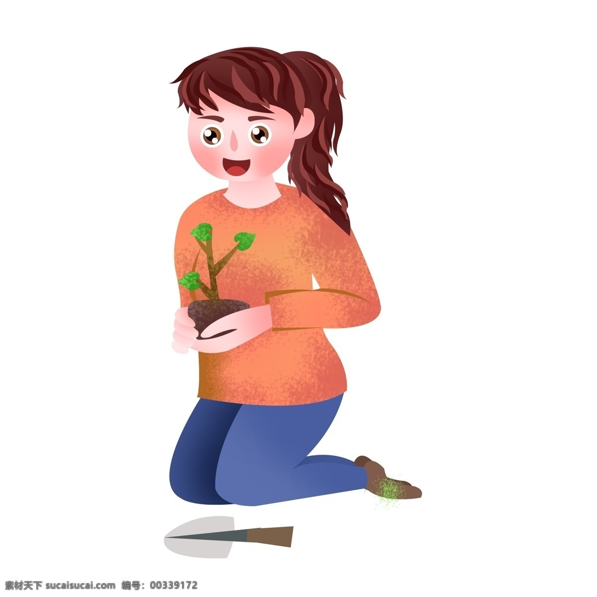 手绘 捧 着想 小 树苗 女孩 人物 插画 可爱 保护环境 小树苗 小铲子 种树 植树节