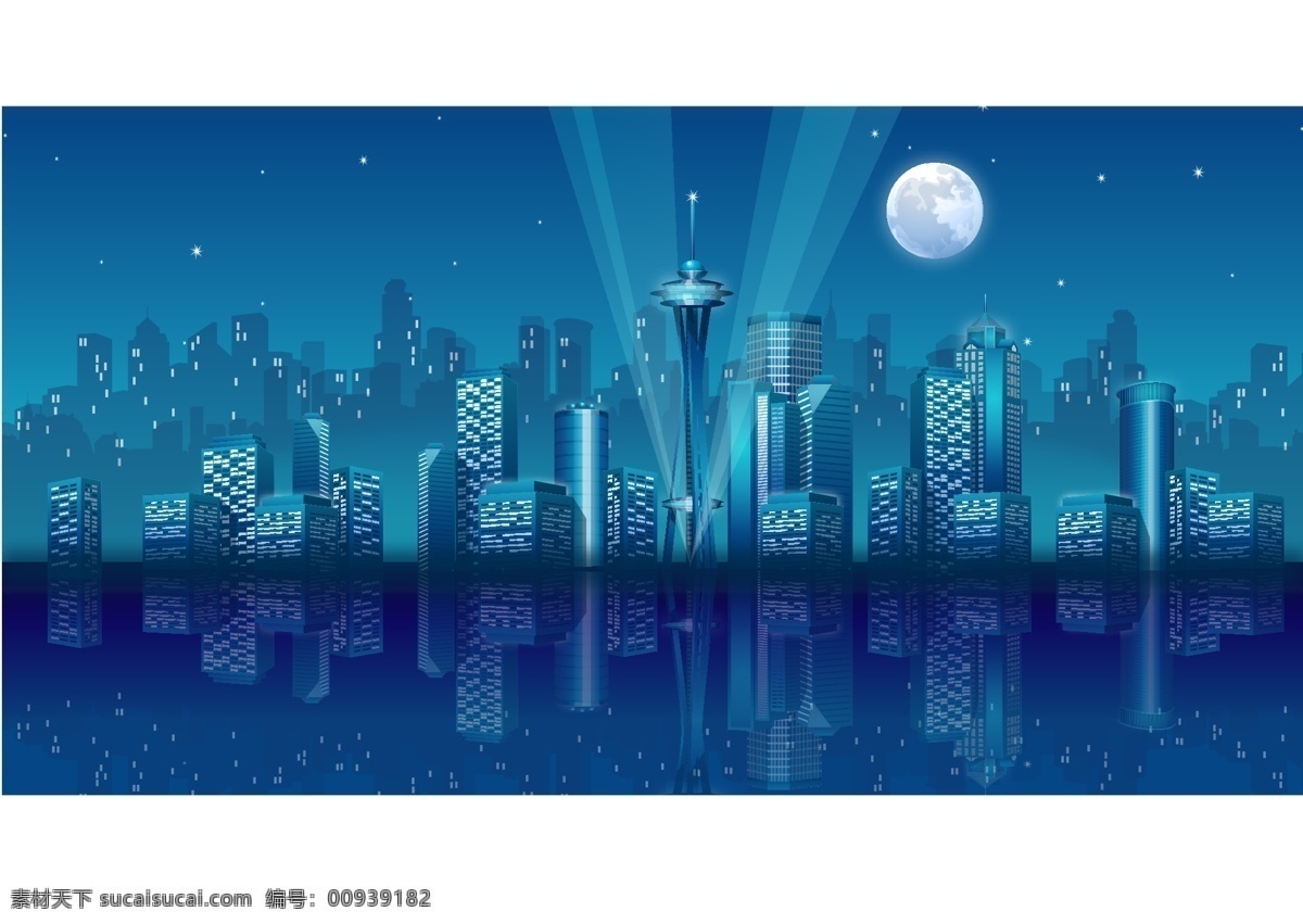 高楼 林立 城市 夜景 矢量 ai格式 城市夜景 高楼大厦 矢量图 星空 月亮 海报 海报背景图