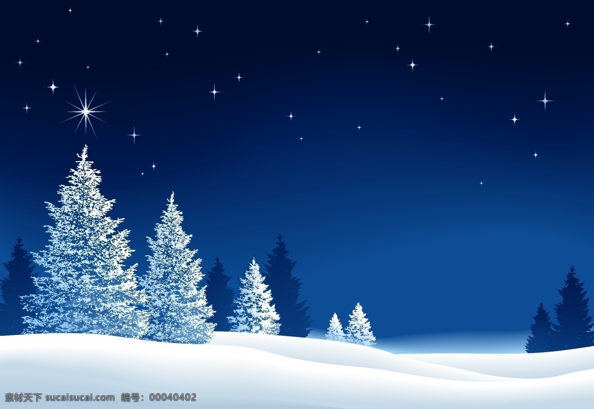 冬天 夜晚 风景 插画 蓝天 星星 下雪 雪松 唯美