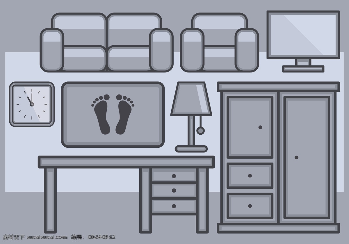 办公 家具 矢量 沙发 电脑 桌子 衣柜 台灯 闹钟 矢量素材 办公家具