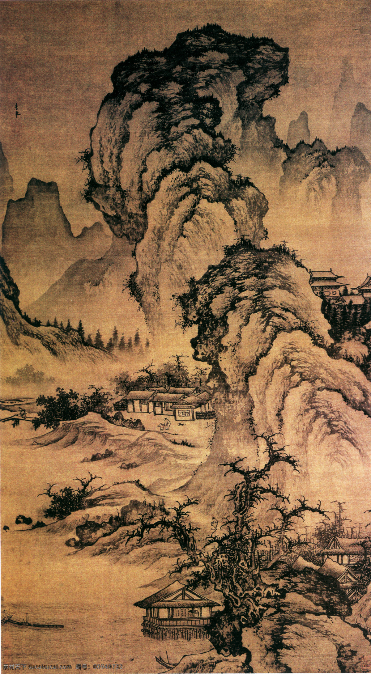 山水 名画 书画 阔 渚 晴 峰 图 古画 山水画 书画真迹 中国水墨画 阔渚晴峰图 名家李在作品 文化艺术