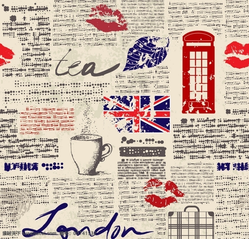 英国 元素 背景图片 电话亭 报纸 英国国旗 旅行箱 矢量 高清图片