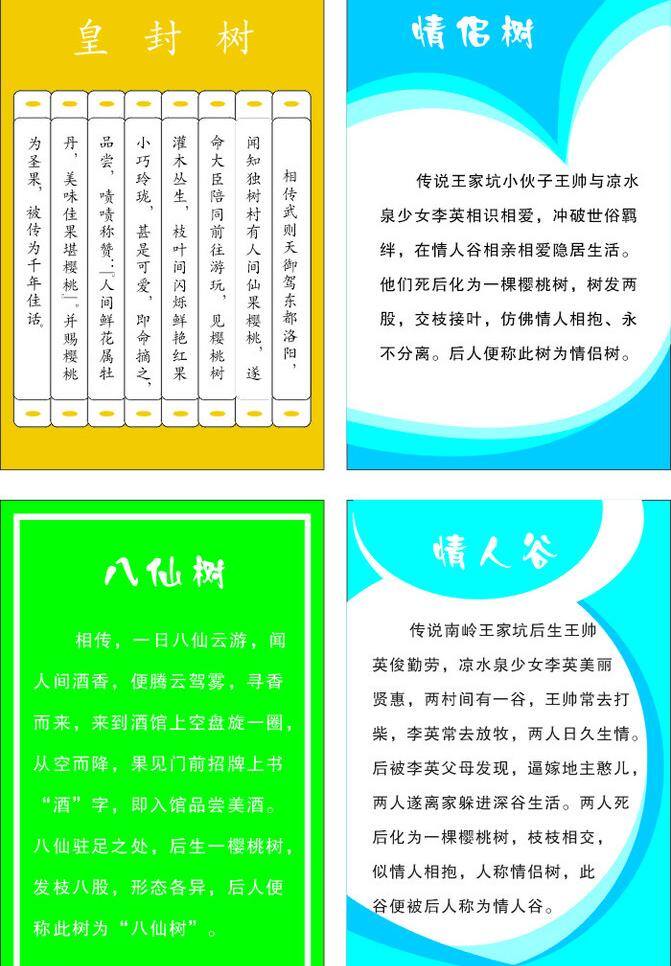 黄色 蓝色展板设计 绿色 展板模板 樱桃沟 展板 皇封树 情侣树 情人树 八仙树简介 樱桃沟资料 矢量 其他展板设计