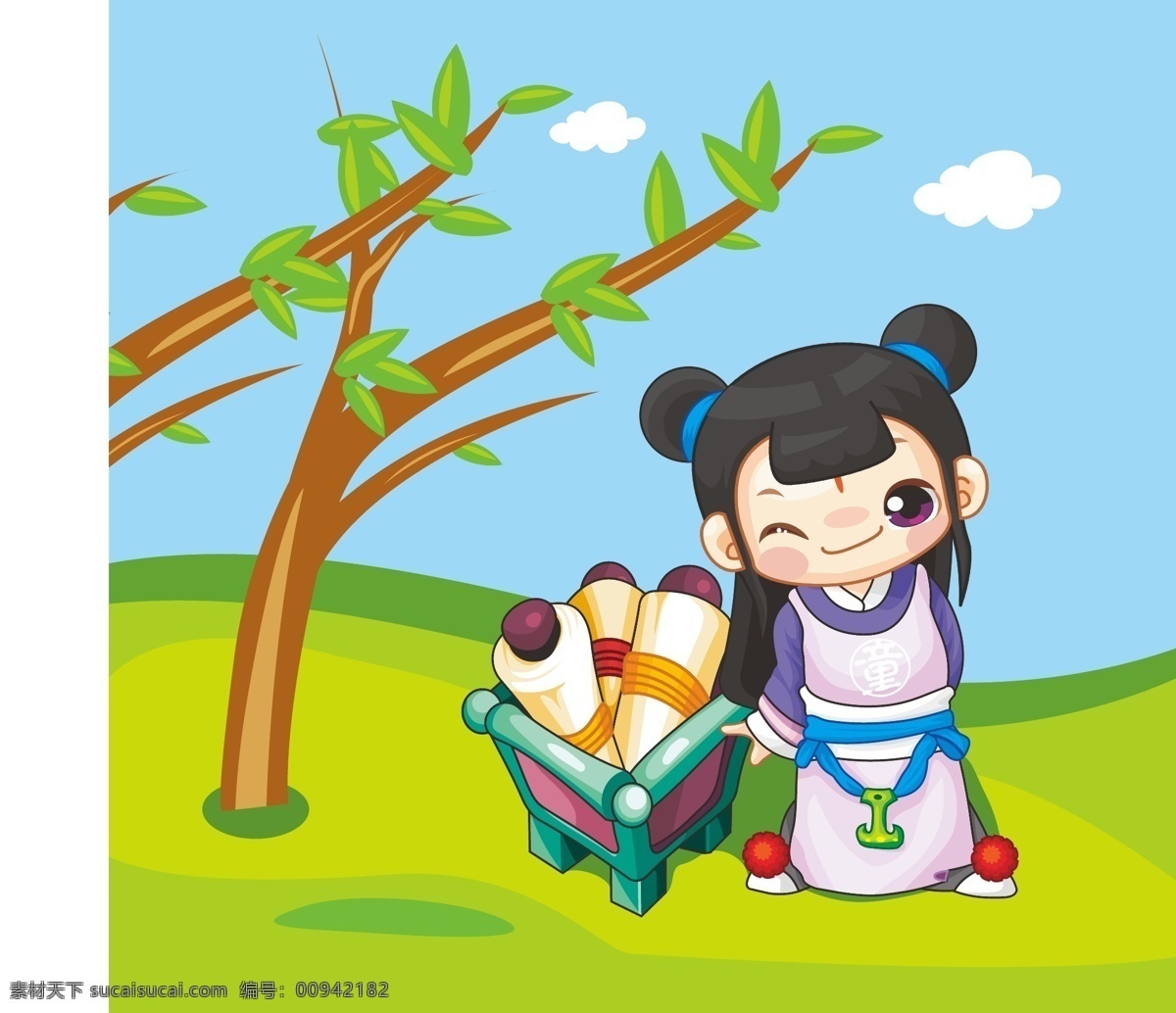 书童矢量 卡通 书童 矢量素材 诗人 柳树 草地 模板下载 职业人物 矢量人物 矢量