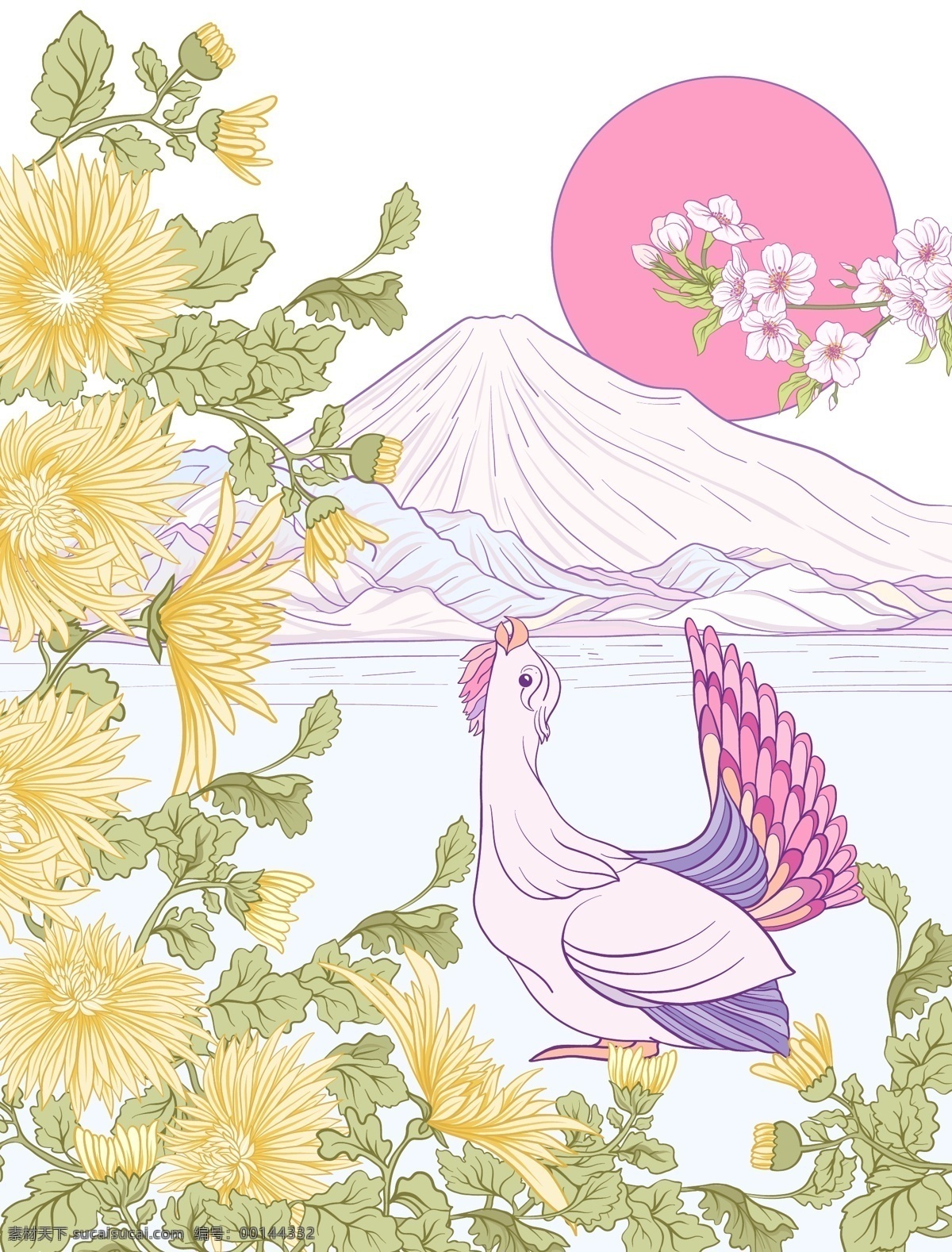 富士山 火山 绿叶 美丽 矢车菊 羽毛 天鹅 樱花 矢量