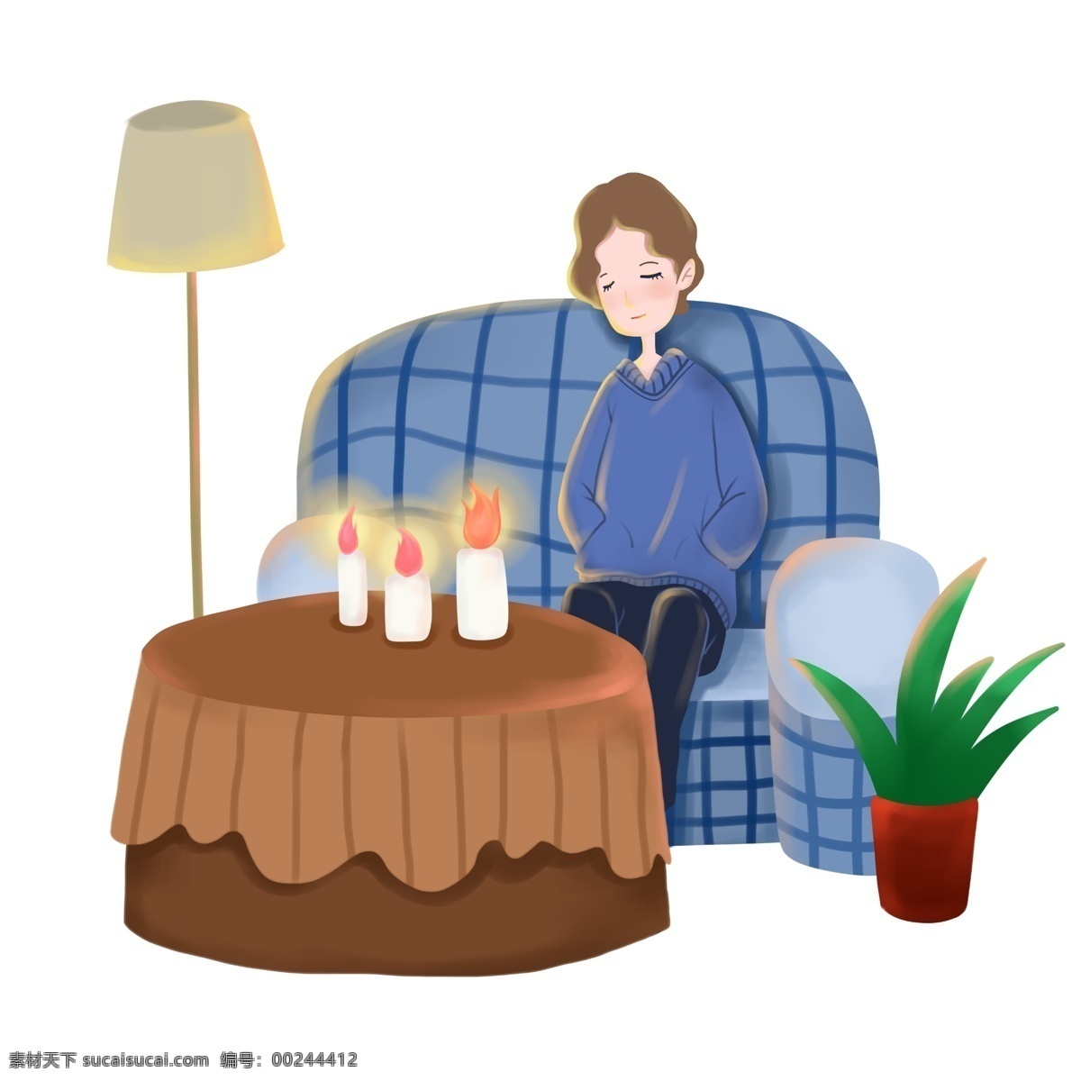 地球 小时 坐 沙发 上 小女孩 插画 蓝色沙发 燃烧的蜡烛 地球一小时 绿色盆栽 台灯装饰 环保插画