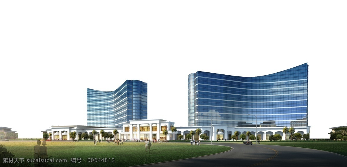 蓝天 白云 共建 效果图 出线建筑 玻璃建筑 草坪 树木 人 车 玻璃 建筑表现 环境设计 建筑设计