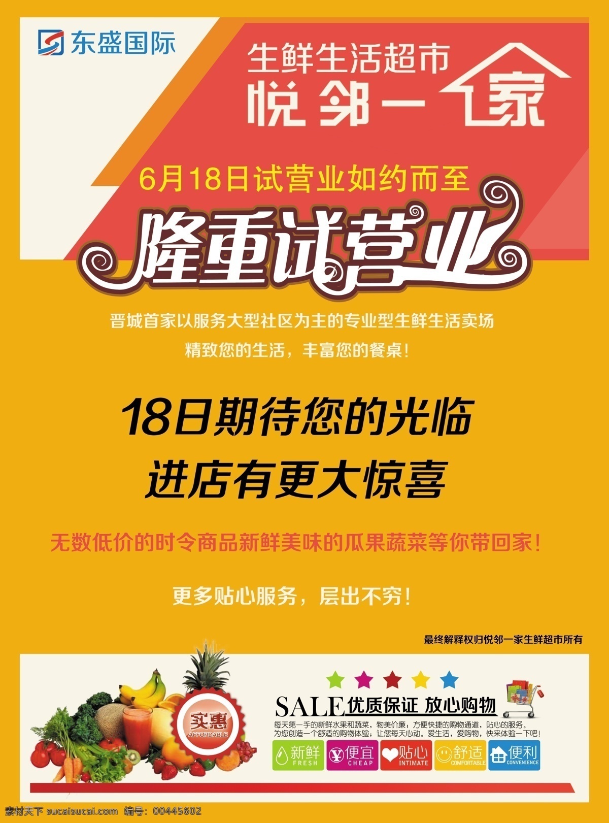 宣传海报 超市宣传 橙色 东盛国际 隆重试营业 超市试营业 宣传单 彩页 dm