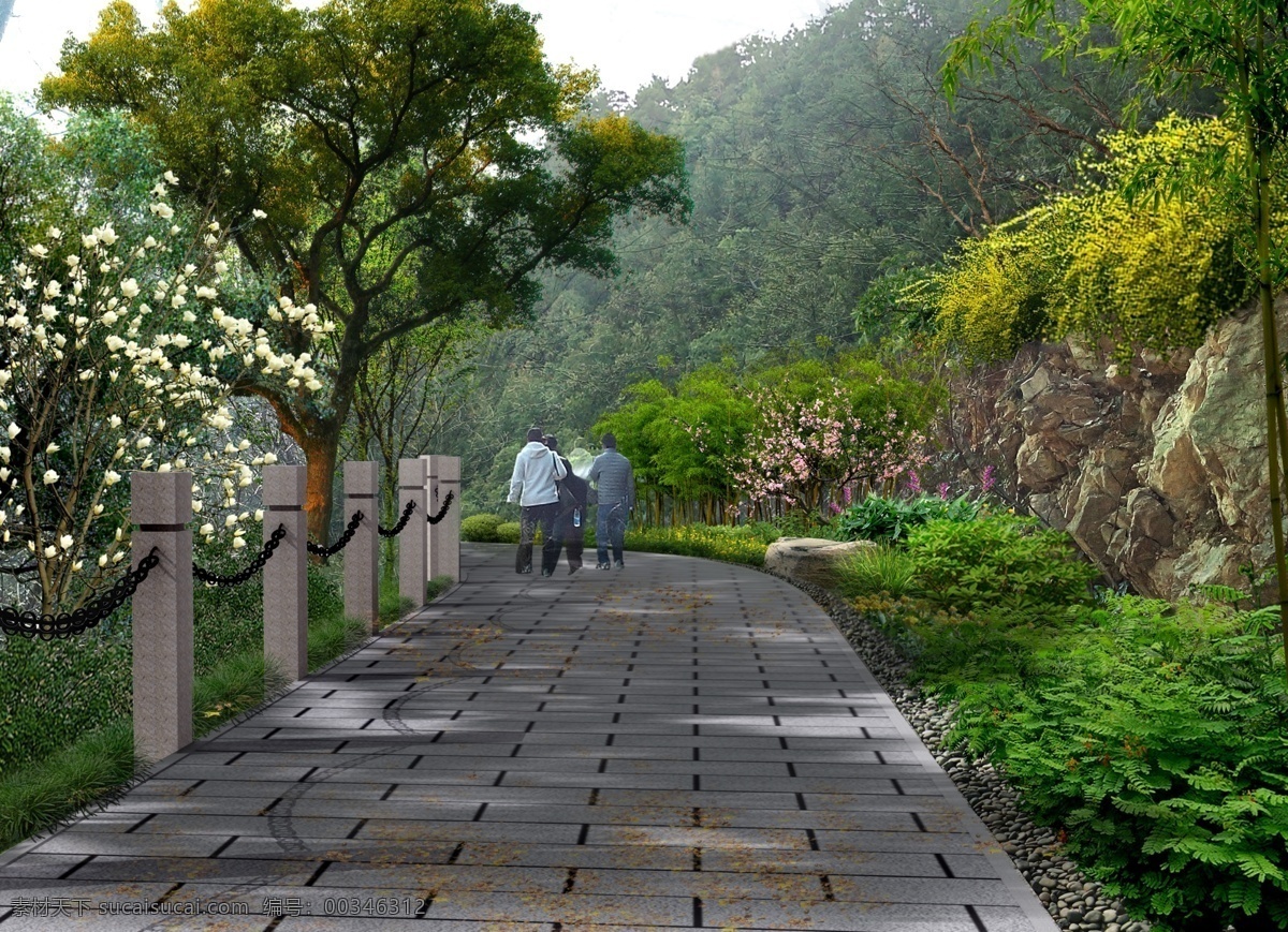 山体 游 道 效果 游道 护栏 郊野 植物 云南黄馨 环境设计 景观设计