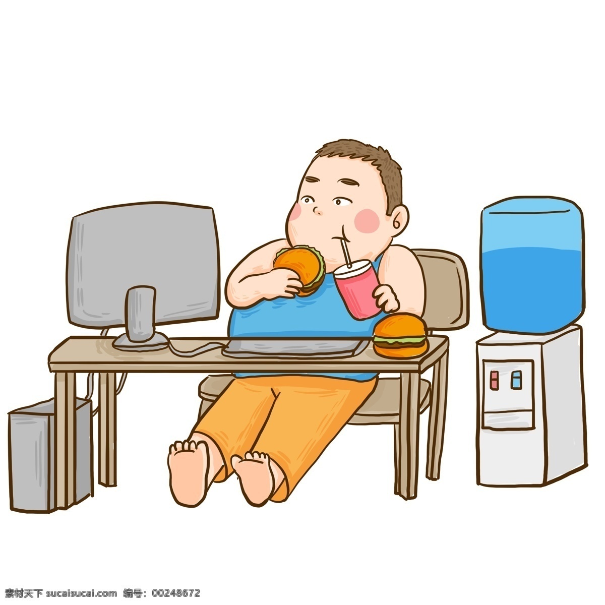 办公室 里 吃 汉堡 胖子 漫画 人物 电脑 办公桌 男孩 手绘 肥宅 肥仔 吃汉堡 儿童