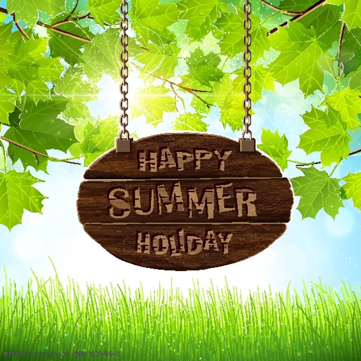 夏季 树叶 阳光 背景 矢量 夏天 夏日 叶子 绿叶 植物 吊牌 木牌 木板 木制 木质 木纹 艺术字 字体 铁链 草丛 草地 草 光晕 光效 光线 梦幻 装饰 卡片 插画 海报 画册 风景建筑 自然景观 自然风光
