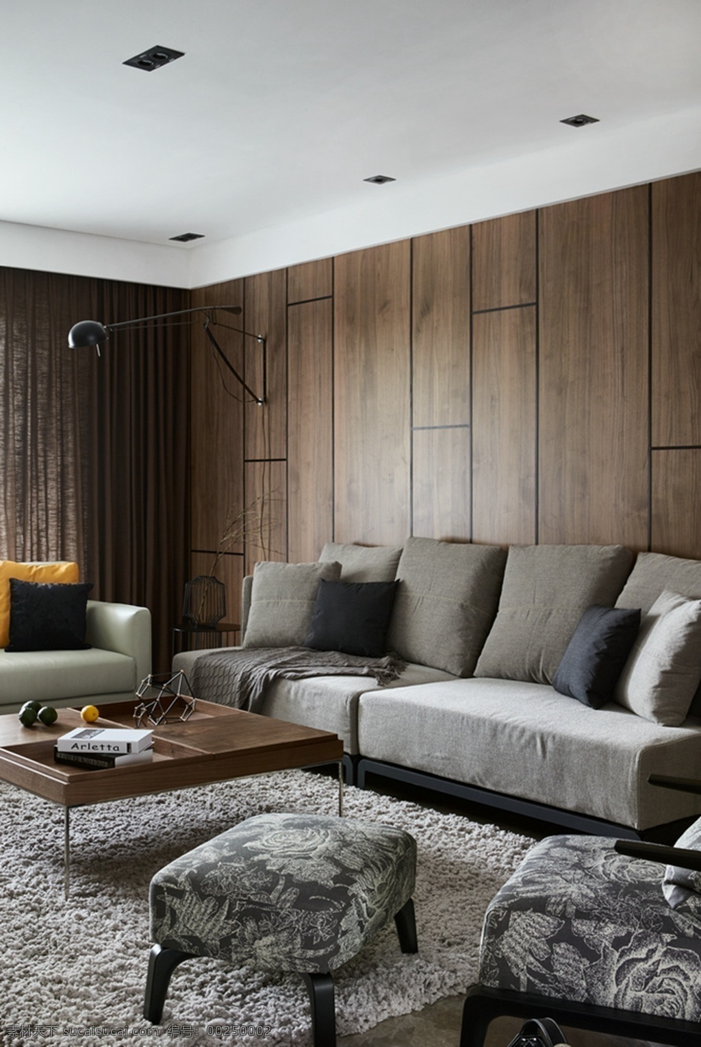 现代 轻 奢 客厅 灰色 花纹 凳子 室内装修 效果图 客厅装修 木制背景墙 木制茶几 浅色沙发