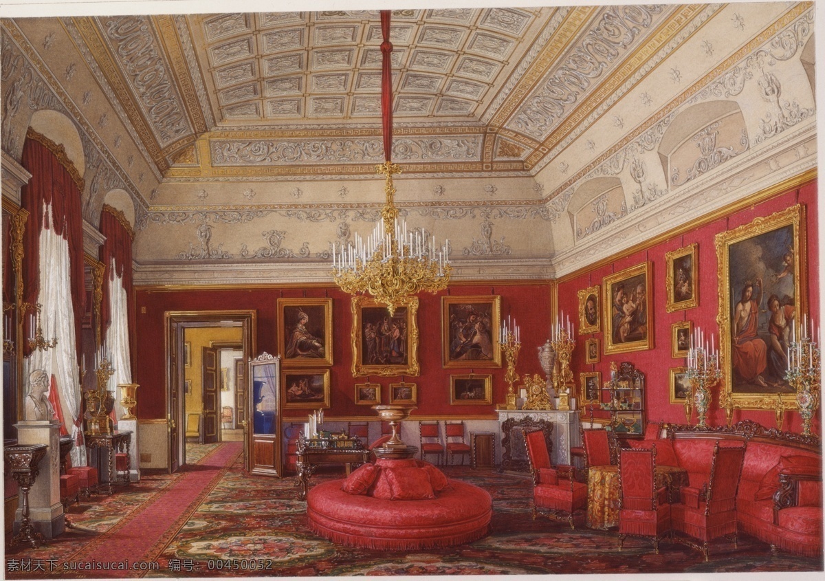 红色 调 宫殿 油画 巴洛克 高清 大图 绘画书法 文化艺术