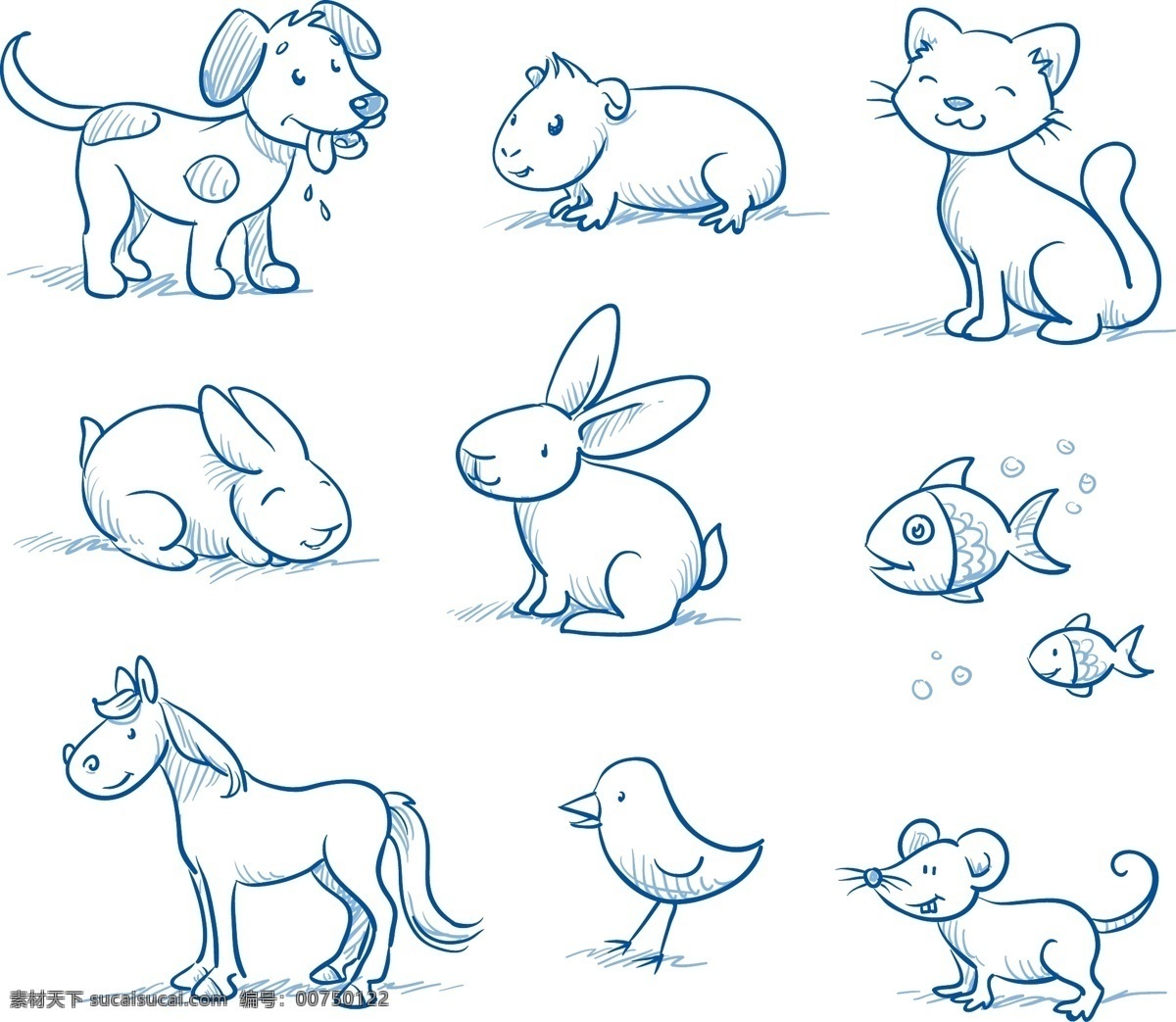 手绘 可爱 小 动物 插画 简笔画 小动物 小狗 小猫 兔子