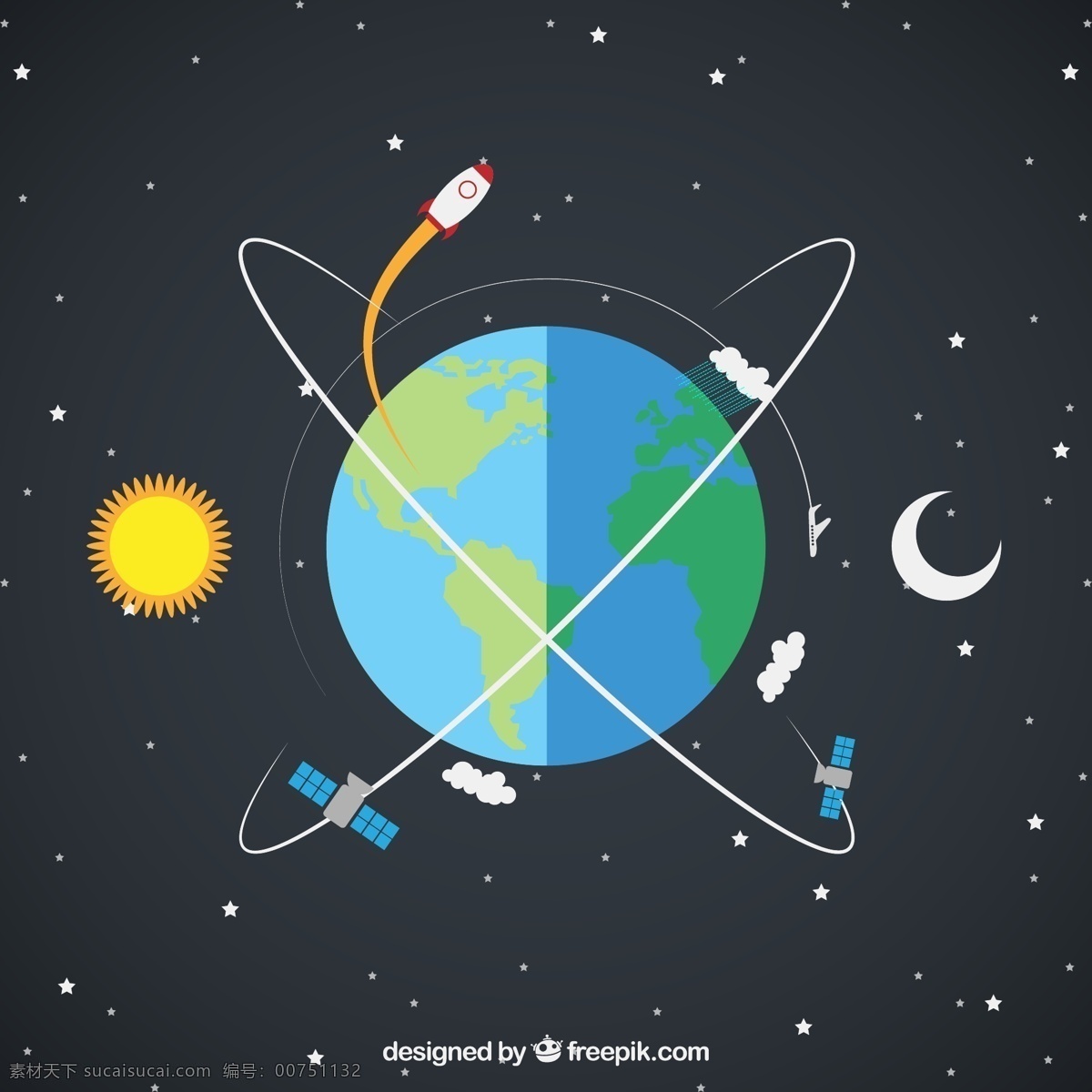 环绕 地球 卫星 插画 矢量图 火箭 太阳 宇宙 月亮 雨