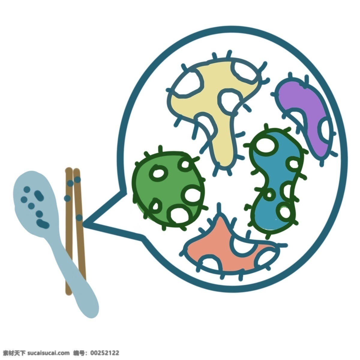 餐具 上 细菌 插画 生物细菌 餐具上的细菌 蓝色的勺子 卡通细菌插画 筷子 勺子 放大的细菌