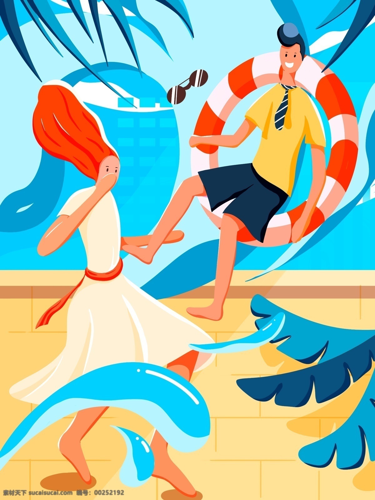二十四节气 立夏 手绘 海报 插画 壁纸 初夏 夏天 节气 玩水 冲浪 游泳圈 女孩 男孩 盛夏