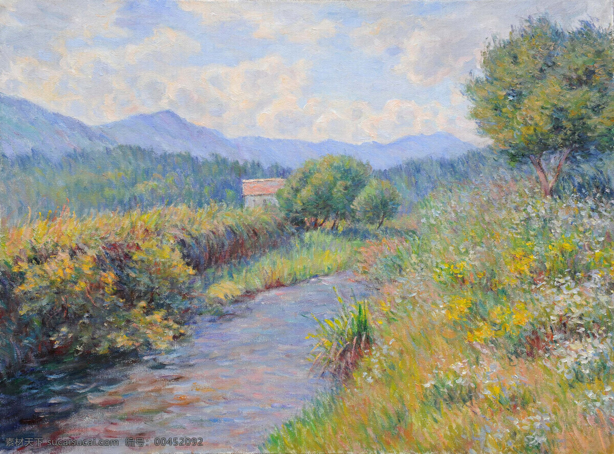 房屋 风景画 花草 绘画书法 美术 山岭 树木 山村 小溪 设计素材 模板下载 山村小溪 油画 山野 溪流 油画艺术 油画作品55 文化艺术