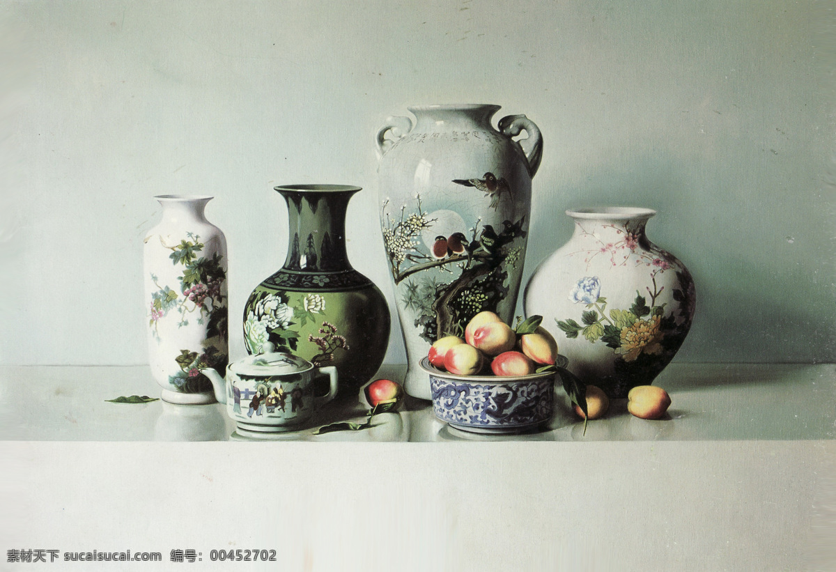 杯子 茶杯 传统图案 瓷器 古典图案 花鸟 绘画书法 水果油画 油画 西方油画 中国油画 世界名画 英国油画 经典油画 陶罐 桌子 图案 油桃 桃子 文化艺术 家居装饰素材
