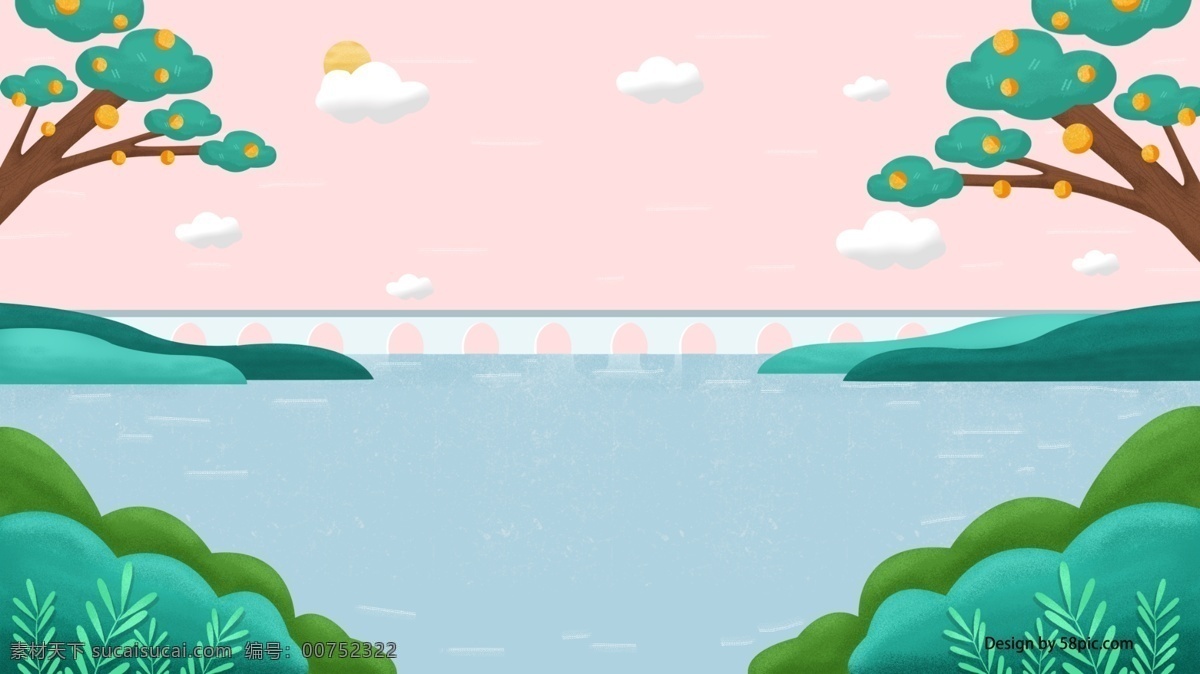 卡通 湖水 树木 背景 背景图 清新背景 创意背景 湖面 植物背景 创意 banner 背景设计
