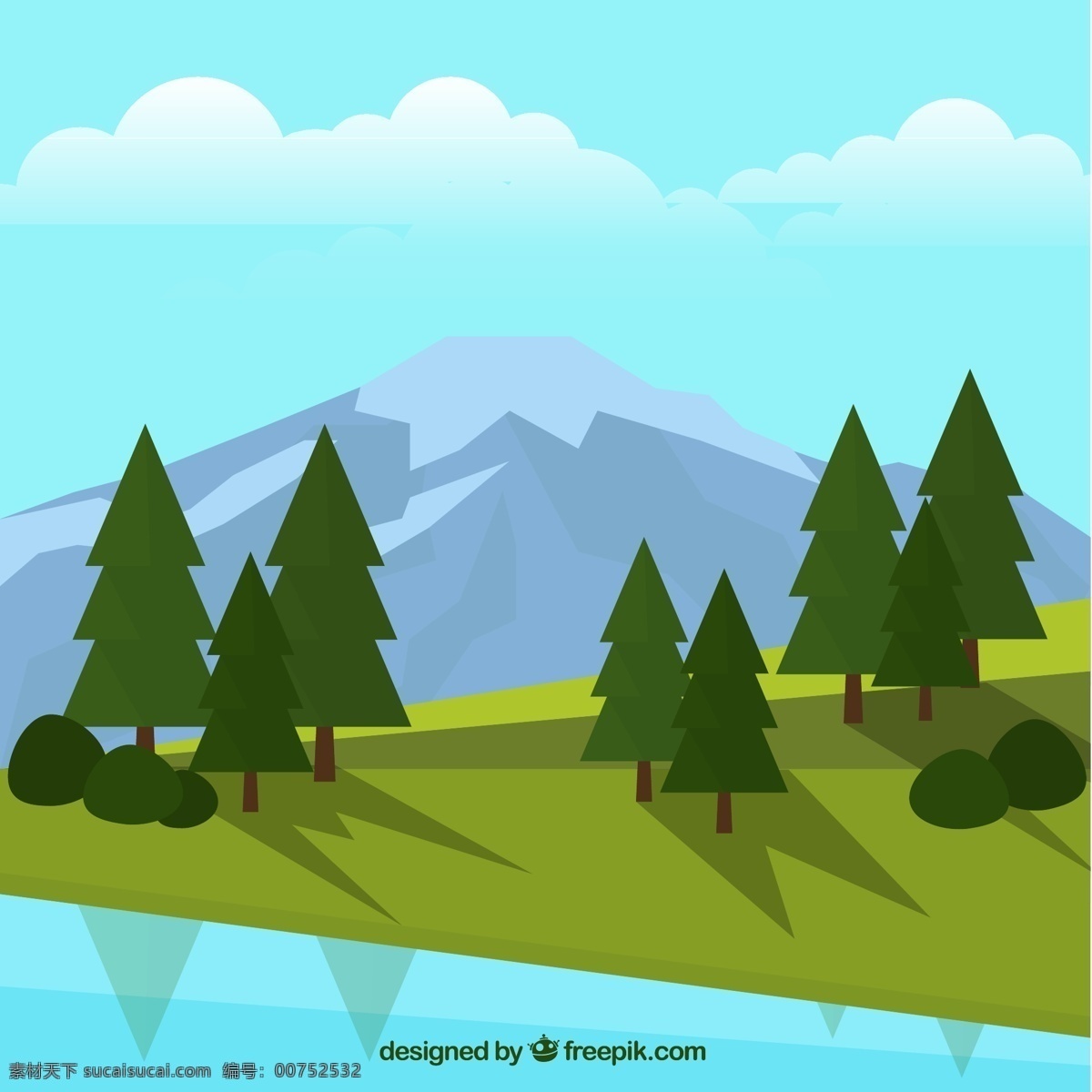 绿色 山坡 树木 远山 风景 矢量 场景 自然 松树 白云