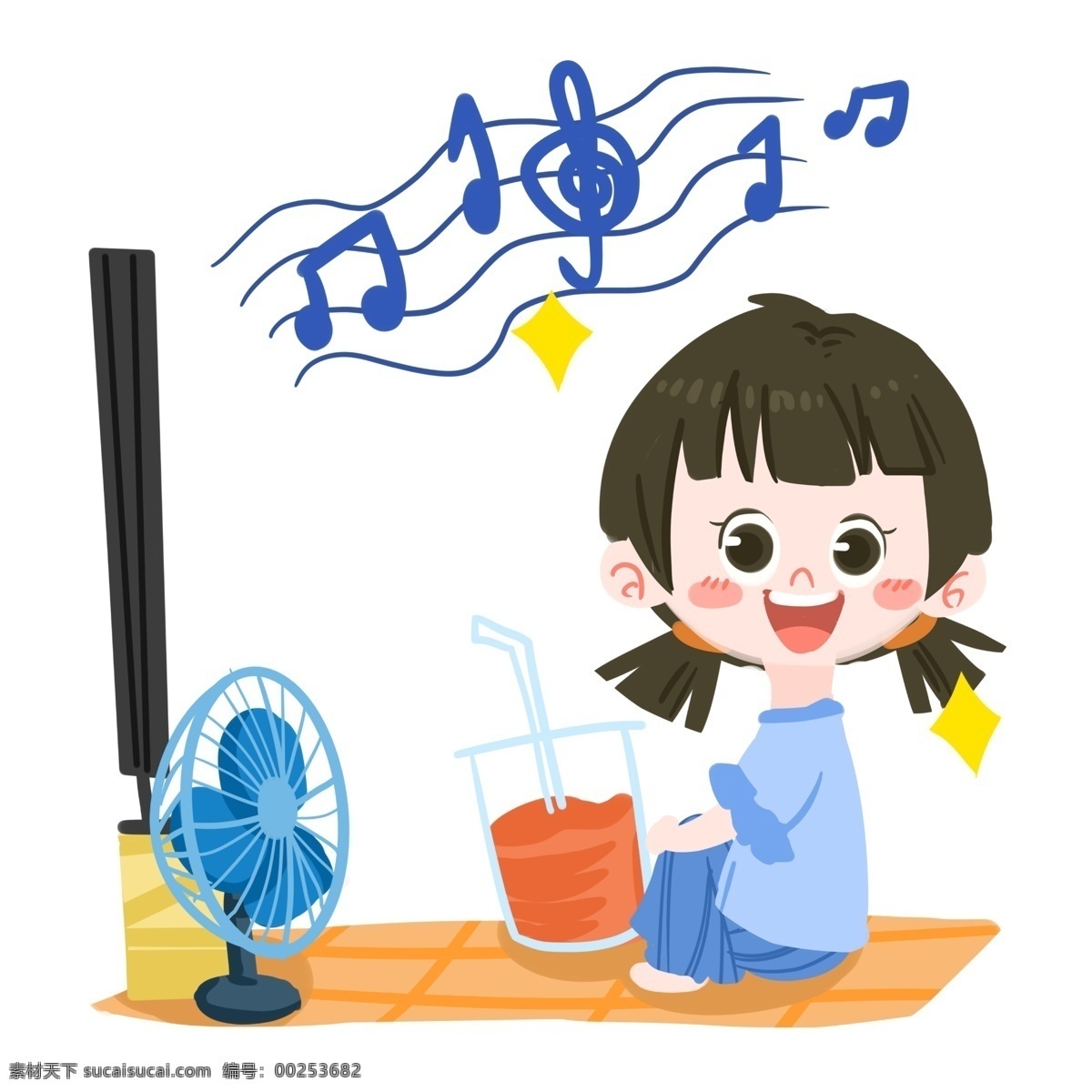 夏日 卡通 女孩 吹风 扇 双马尾 吹风扇 风扇 果汁 看电视 星星