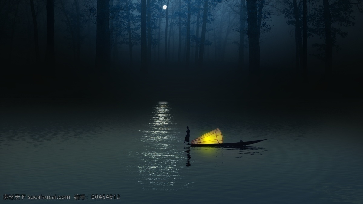 月光渔船 月亮 渔船 森林 湖面 月光