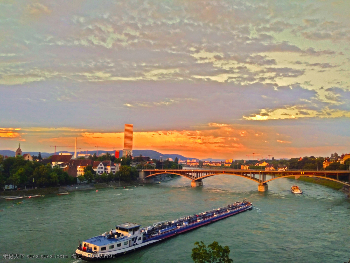 黄昏 下 莱茵河 巴塞尔 桥梁 游轮 旅游摄影 国外旅游